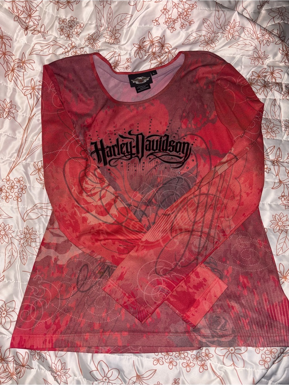 Harley-Davidson Women's Red Graphic Mesh Long Sleeve Tee